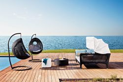 outdoor cabana arrangement with sofas and tables